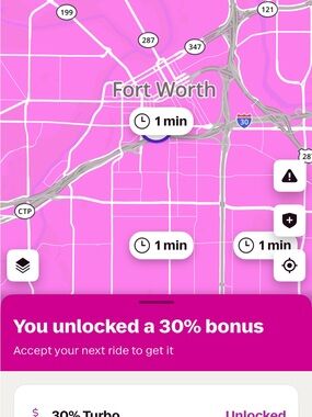 Rideshare App Screenshot - Hot Pink Map Bonus Banner